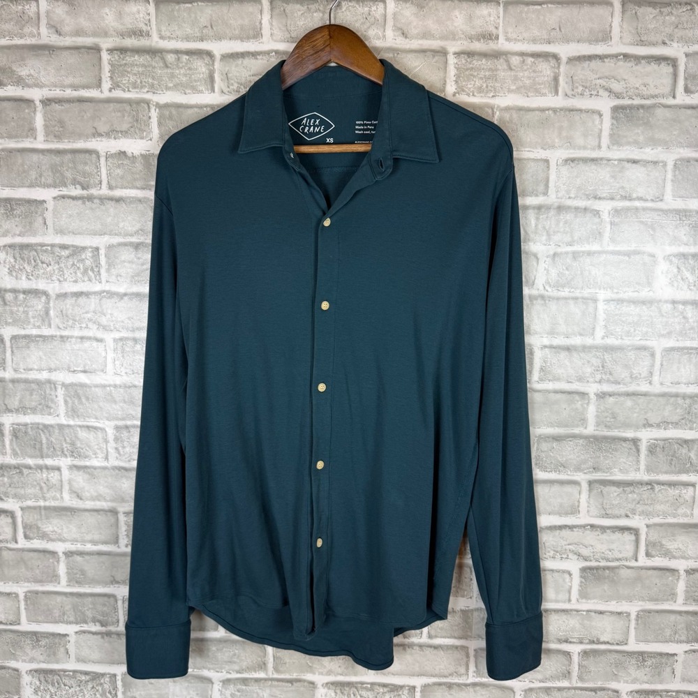 Alex Crane Mens XS Pima Cotton Jersey Long Sleeve Button Down Shirt Teal Green